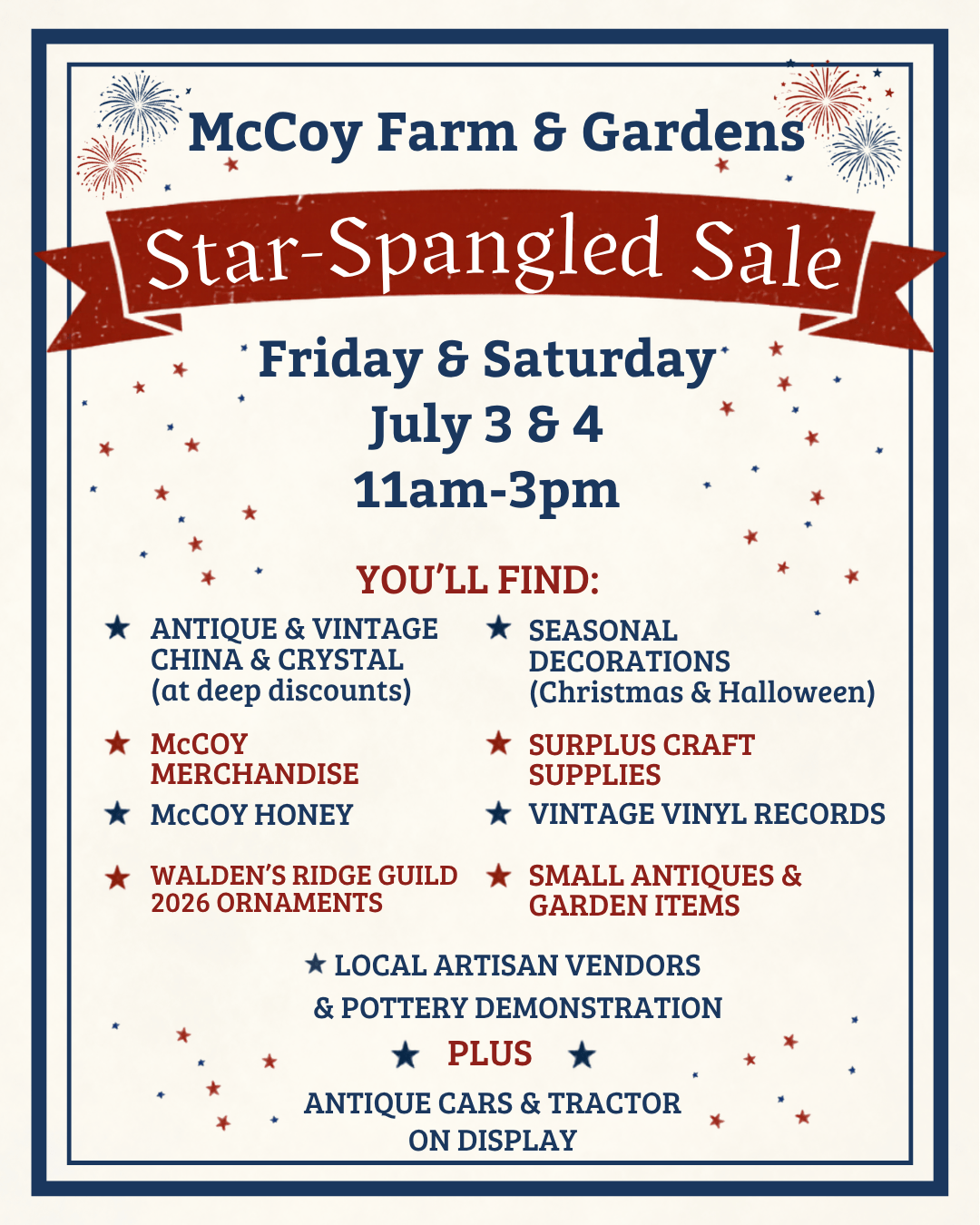 Star-Spangled Sale event graphic for McCoy Farm and Gardens