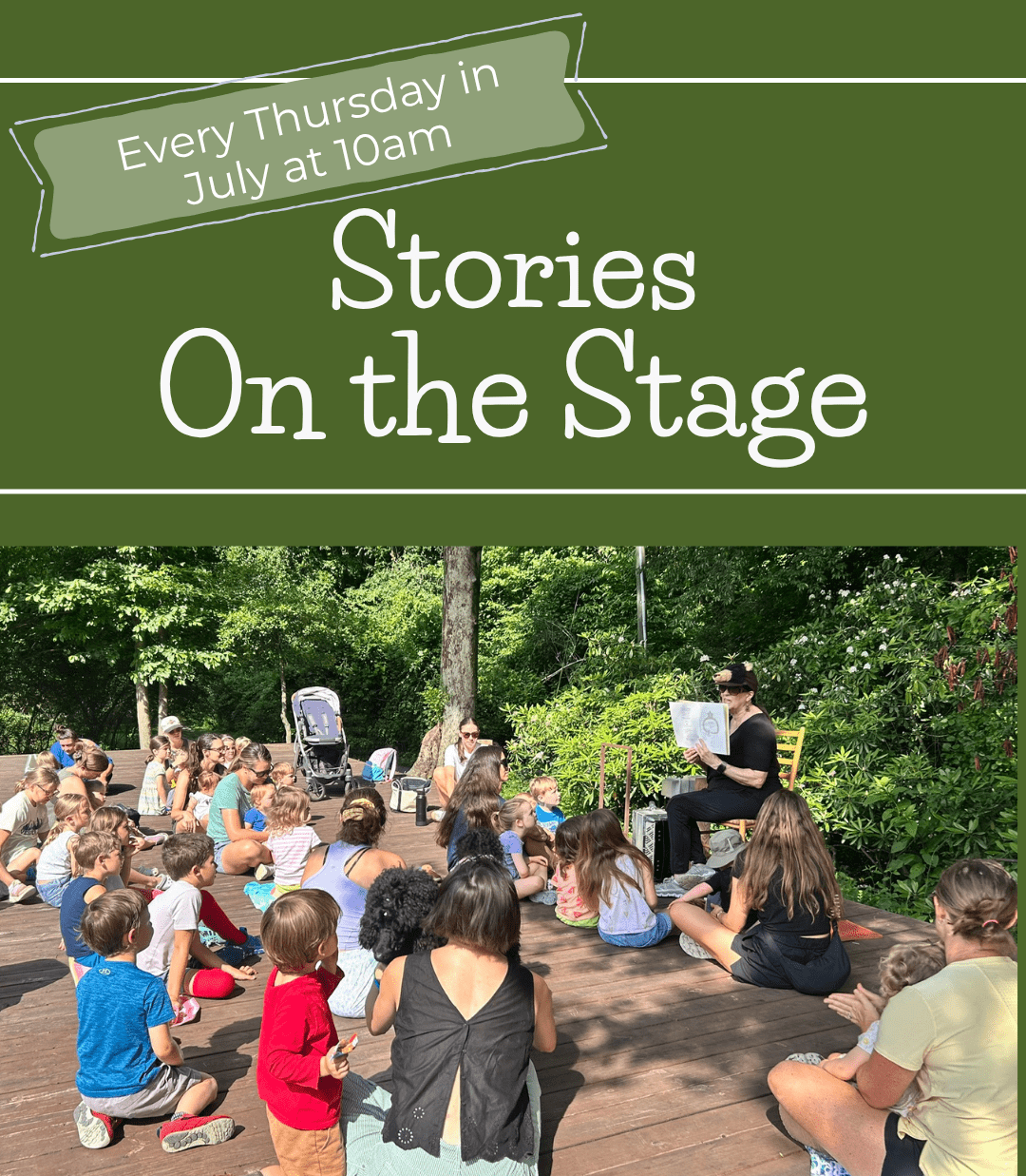 Stories on the Stage event flyer at McCoy Farm and Gardens