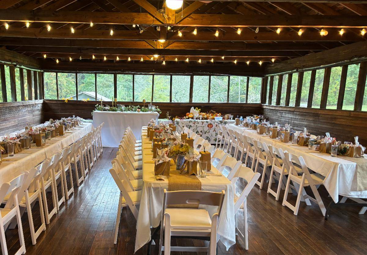 Pavilion set up with long banquet tables for the Lunch and a Matinee China Luncheon