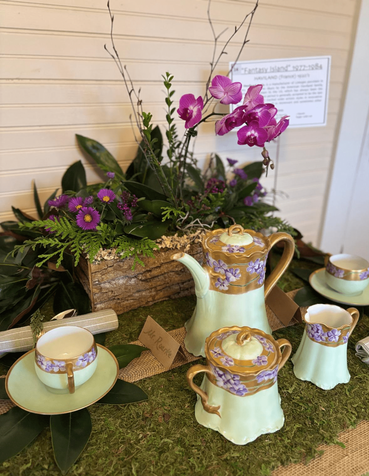 Vintage china tea set on a Fantasy Island themed table display