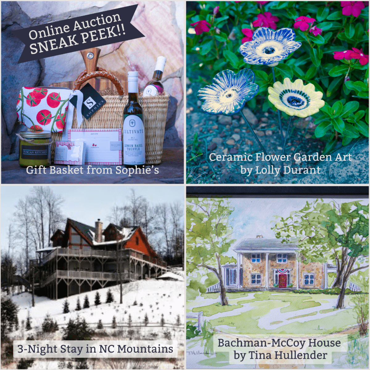 Sneak peek of McCoy's online auction items, including a gift basket from Sophie's, ceramic flower art by Lolly Durant, a 3-night stay in the NC mountains, and a Bachman-McCoy House painting by Tina Hullender