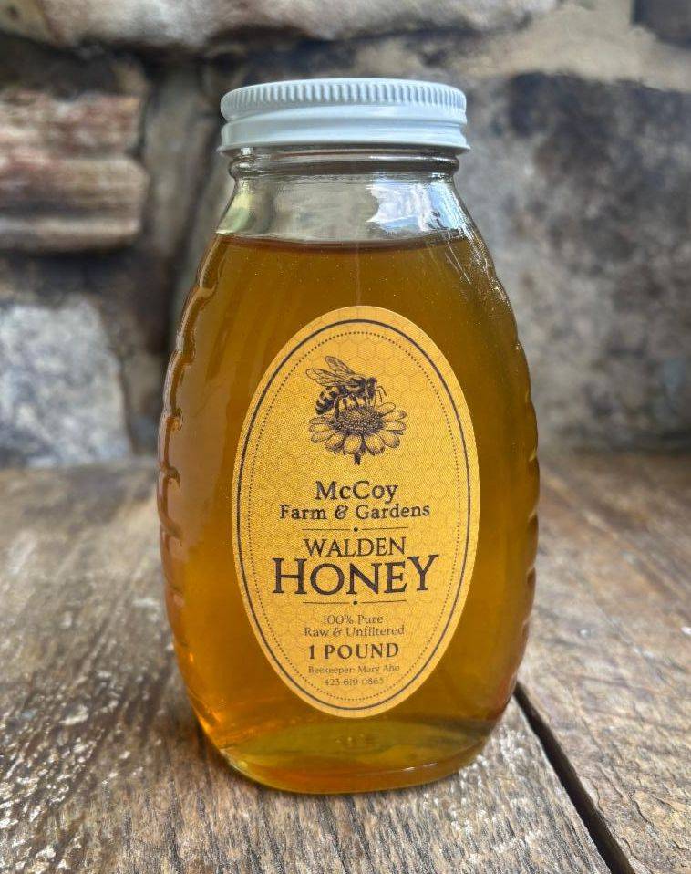 Jar of McCoy Farm and Gardens Walden Honey available for purchase at the Open House