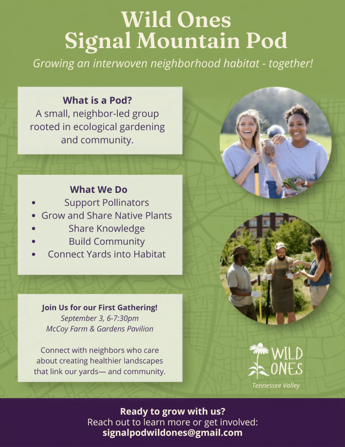Wild Ones Signal Mountain Pod flyer for their first gathering on September 3 at the McCoy Farm and Gardens Pavilion