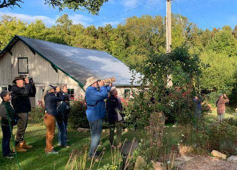 Birders with binoculars looking up into the trees beside the barn during a fall bird walk at McCoy Farm & Gardens